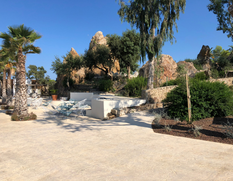 Plam Stampable, stamped concrete floor champagne color, cool white  shades. ClubMed. Cefalù, Italy