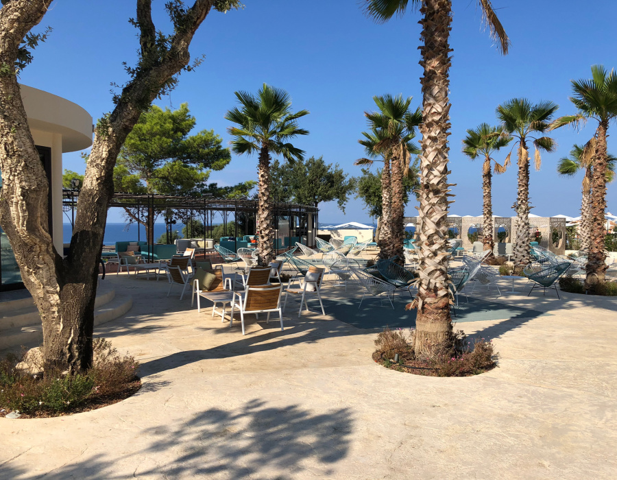 Plam Stampable, stamped concrete floor champagne color, cool white  shades. ClubMed. Cefalù, Italy