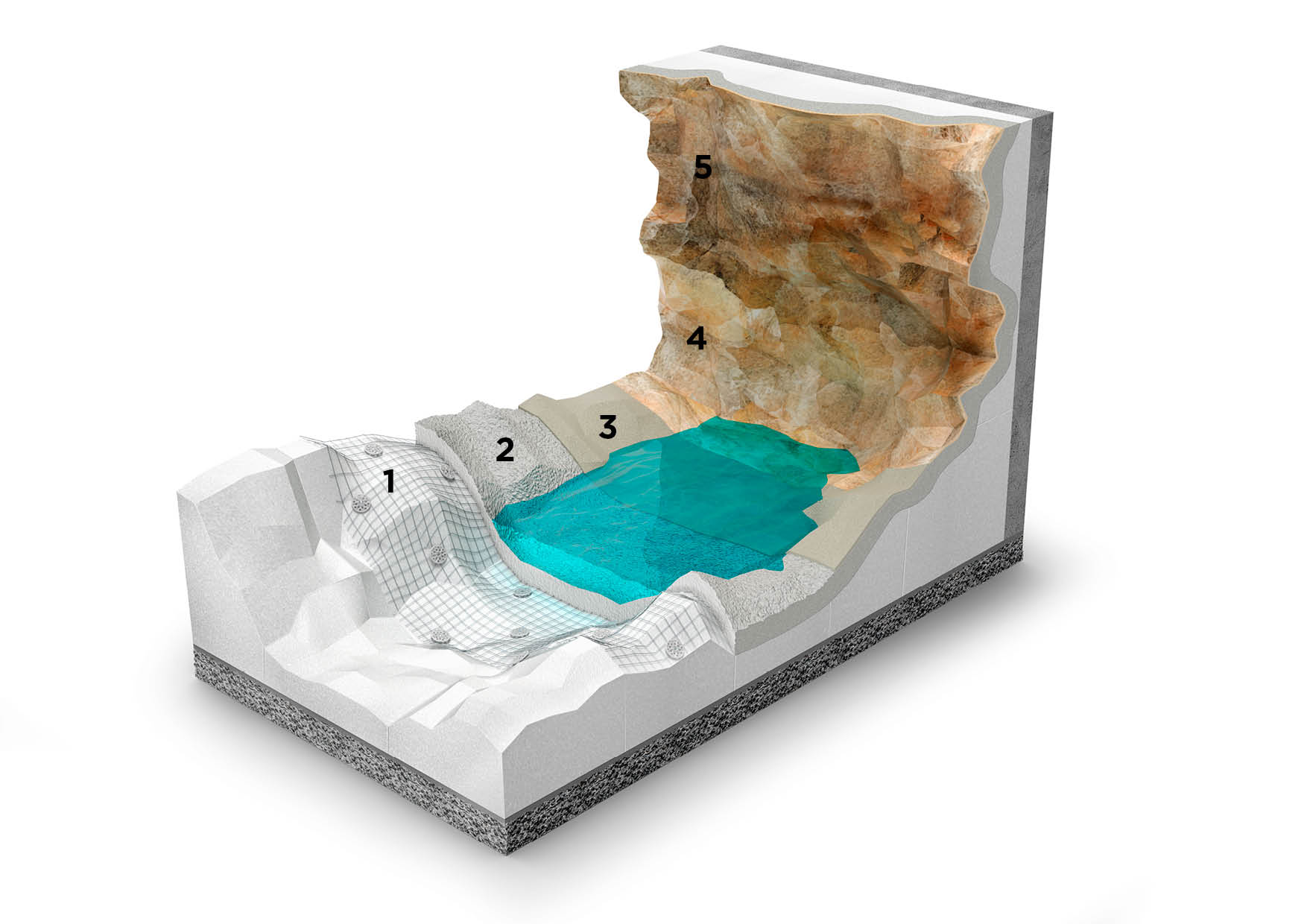 Render of decorative artificial rocks, perfect for gardens, pools, and outdoor spaces.